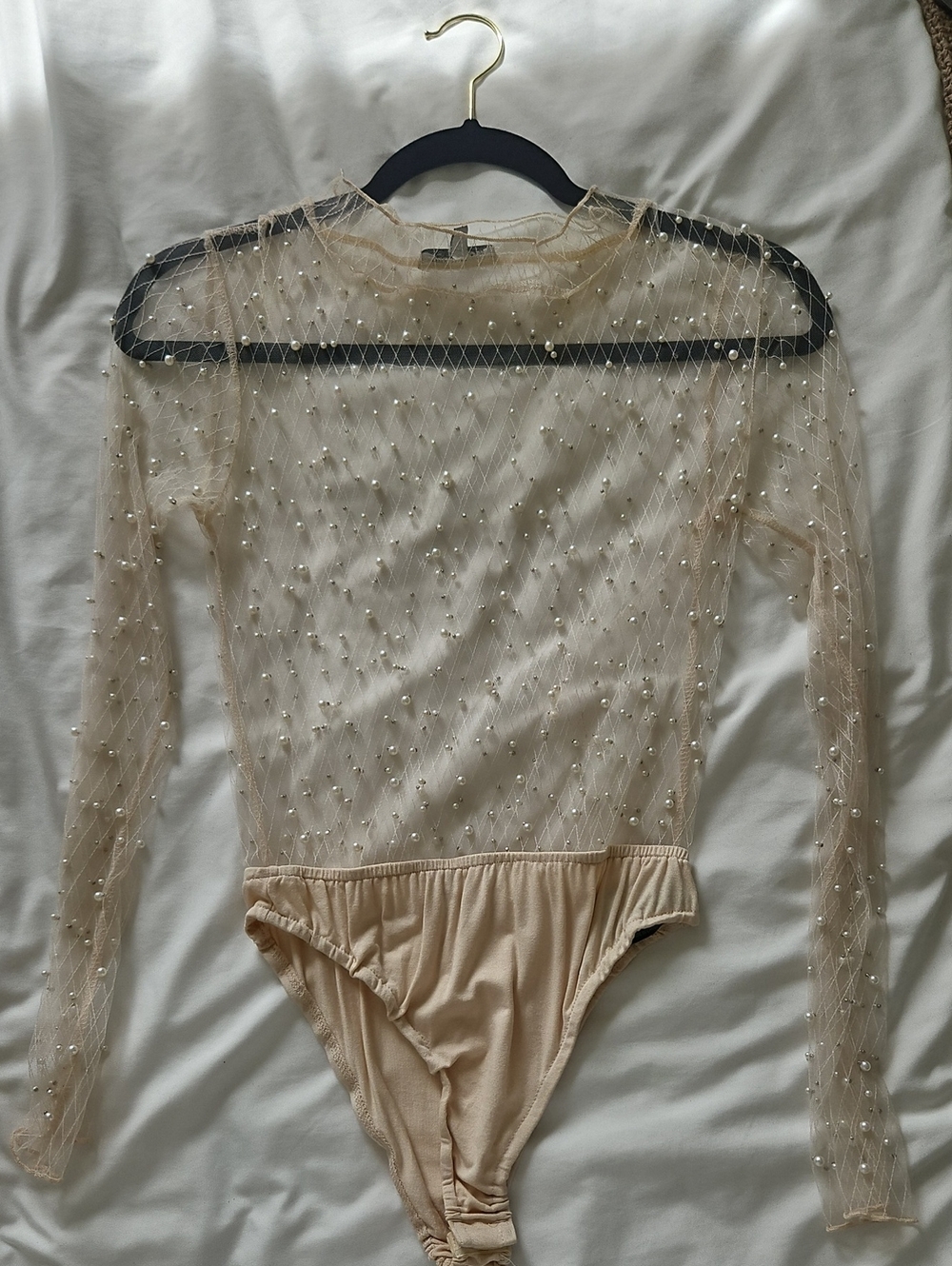 Sheer Pearl-Embellished Nude Long-Sleeve Bodysuit